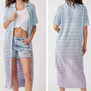 Free People Alicia Crochet Cardigan L Ombre Indigo Orchid Duster Boho Pastel